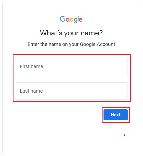 输入您的 Google 帐户的名字和姓氏，然后单击下一步
