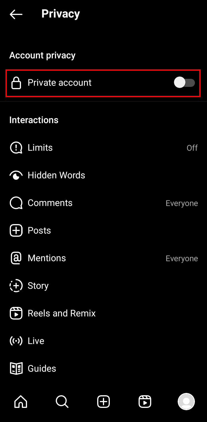 Toque na opção Conta privada para tornar sua conta privada. | remover nome completo do Instagram