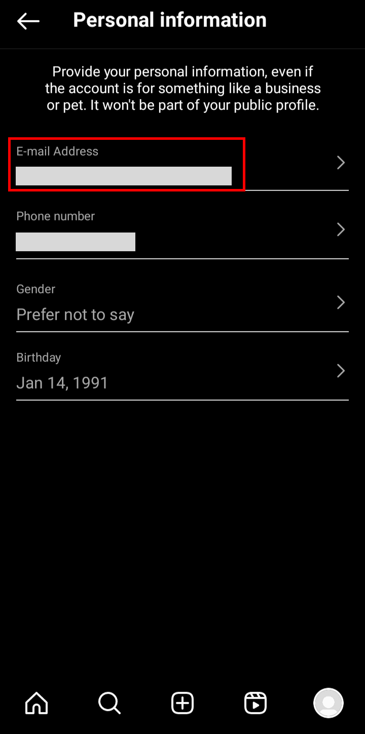 Üst kısımdaki E-posta Adresi seçeneğine dokunun. | Instagram'dan tam adı kaldır