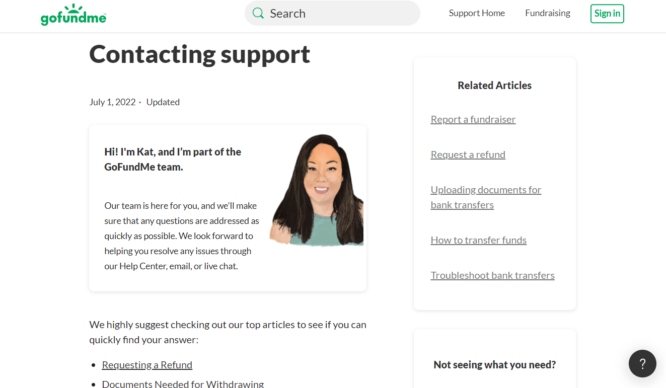 Página de soporte de contacto de GoFundMe | Cómo cambiar la donación mínima de GoFundMe
