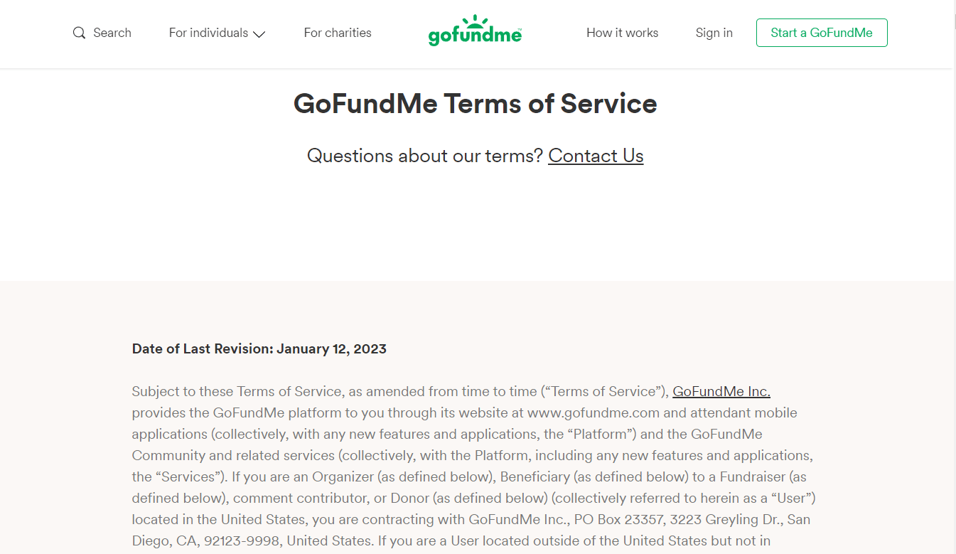 GoFundMe 服務條款頁面 |如何更改 GoFundMe 最低捐款