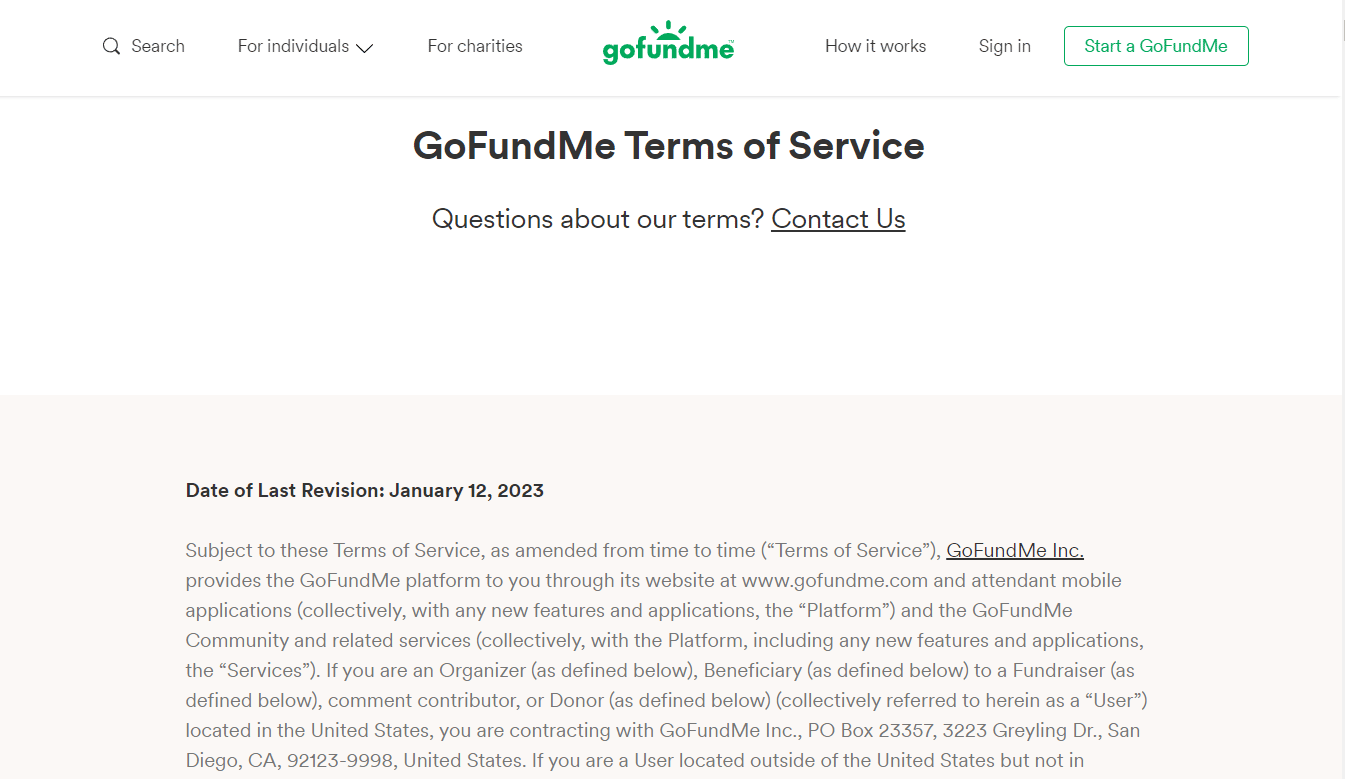Página dos Termos de Serviço do GoFundMe | Como alterar a doação mínima do GoFundMe