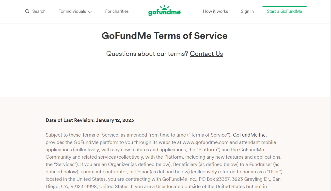 GoFundMe 服务条款页面 |如何更改 GoFundMe 最低捐款