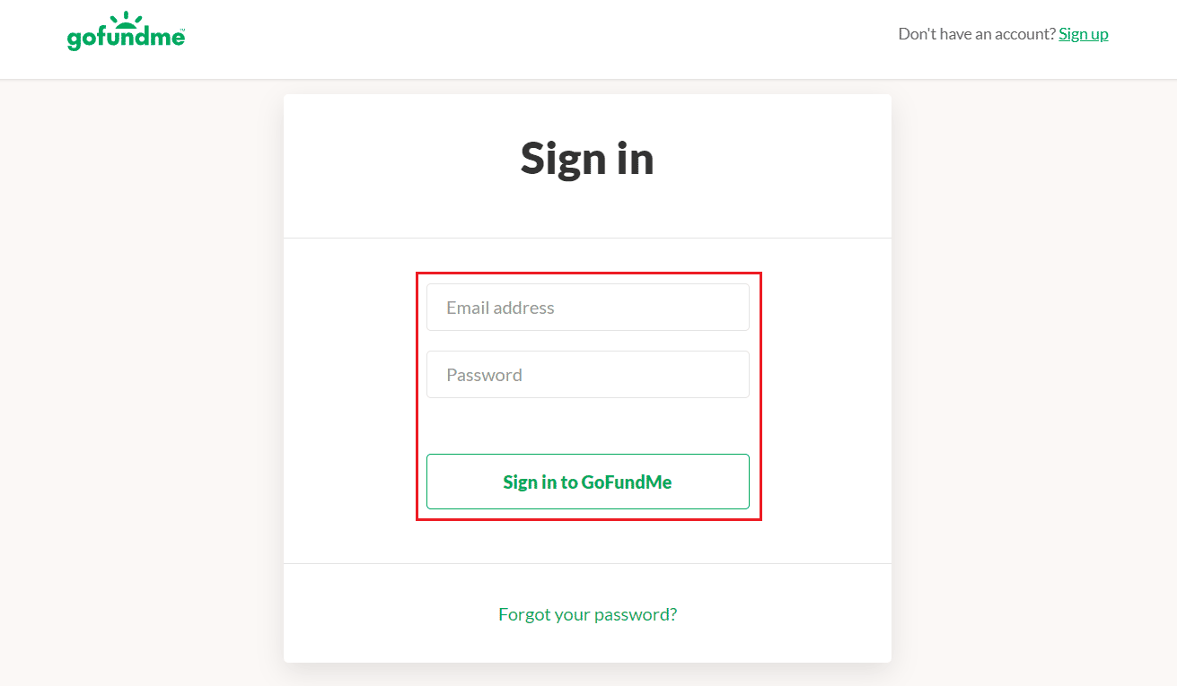 お好みのブラウザーで GoFundMe サインイン ページにアクセスし、GoFundMe 管理者アカウントにサインインします。 GoFundMe の 1 日の引き出し限度額