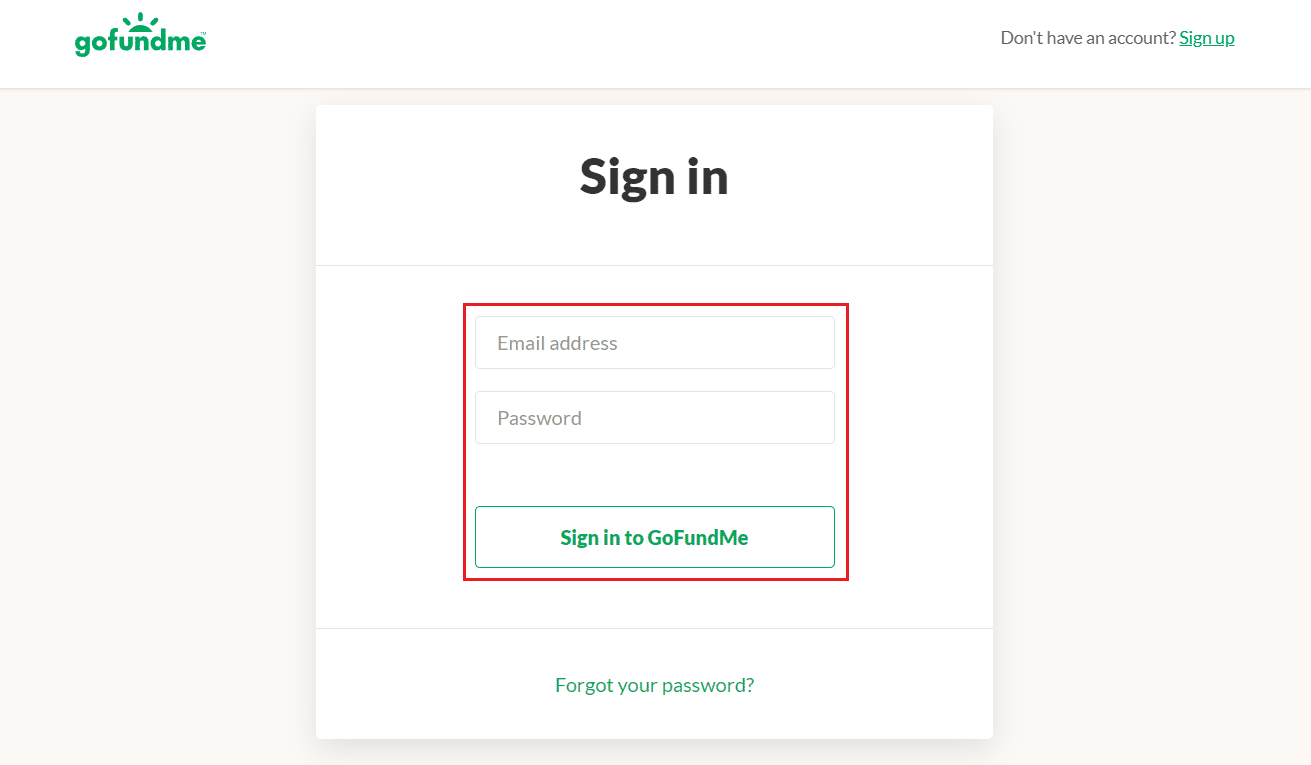 Visite a página de login do GoFundMe em qualquer um de seus navegadores preferidos e entre na sua conta GoFundMe Admin | Limite diário de retirada do GoFundMe