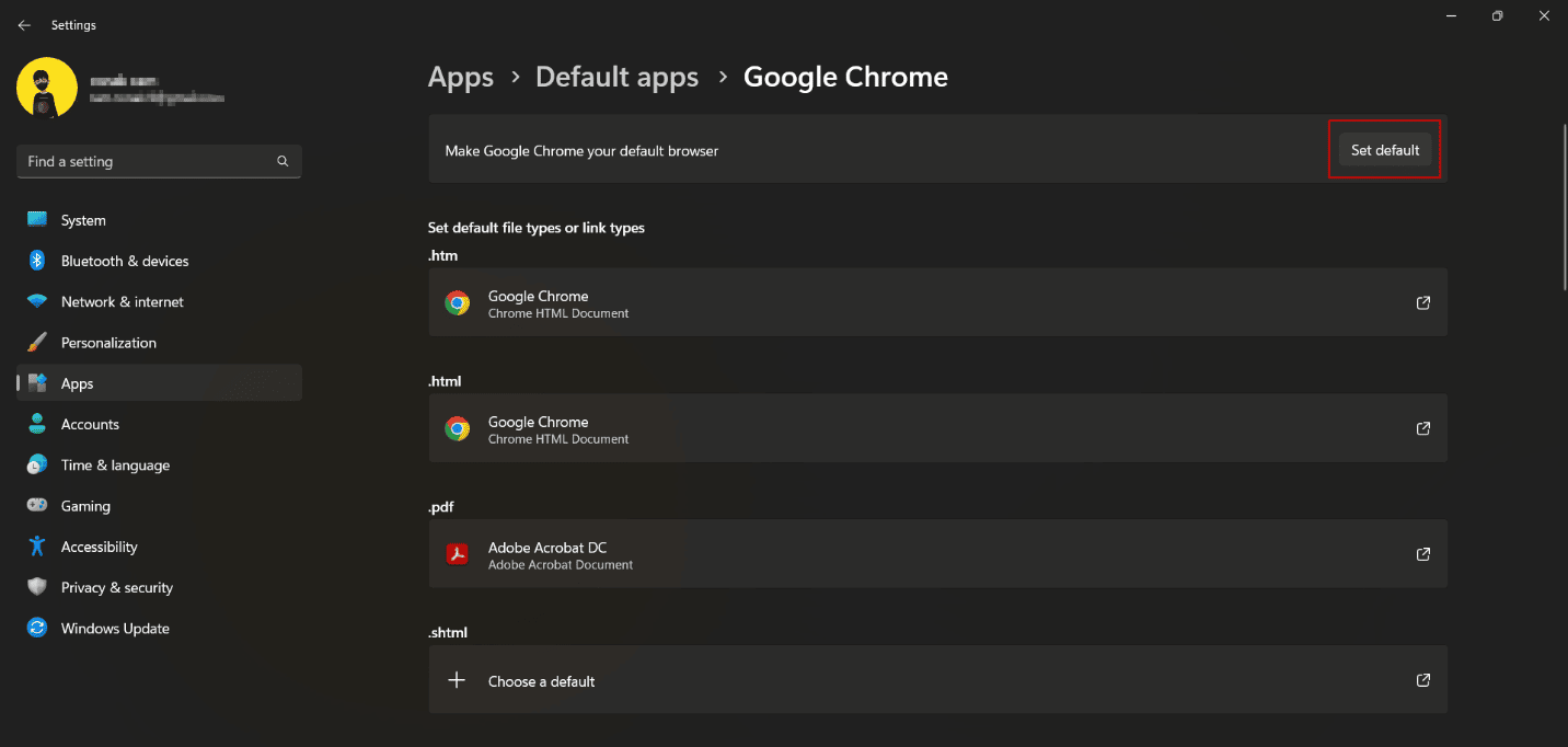 Définir l'option par défaut