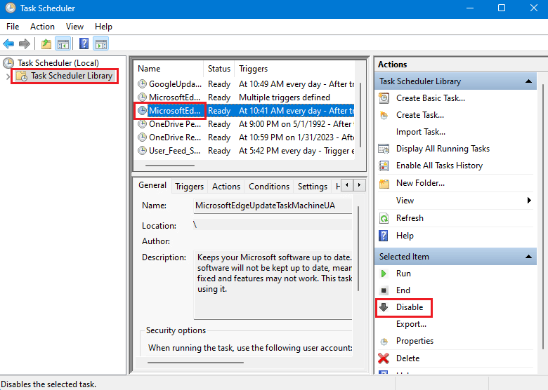 قم بتعطيل مهام Microsoft Edge في برنامج جدولة المهام