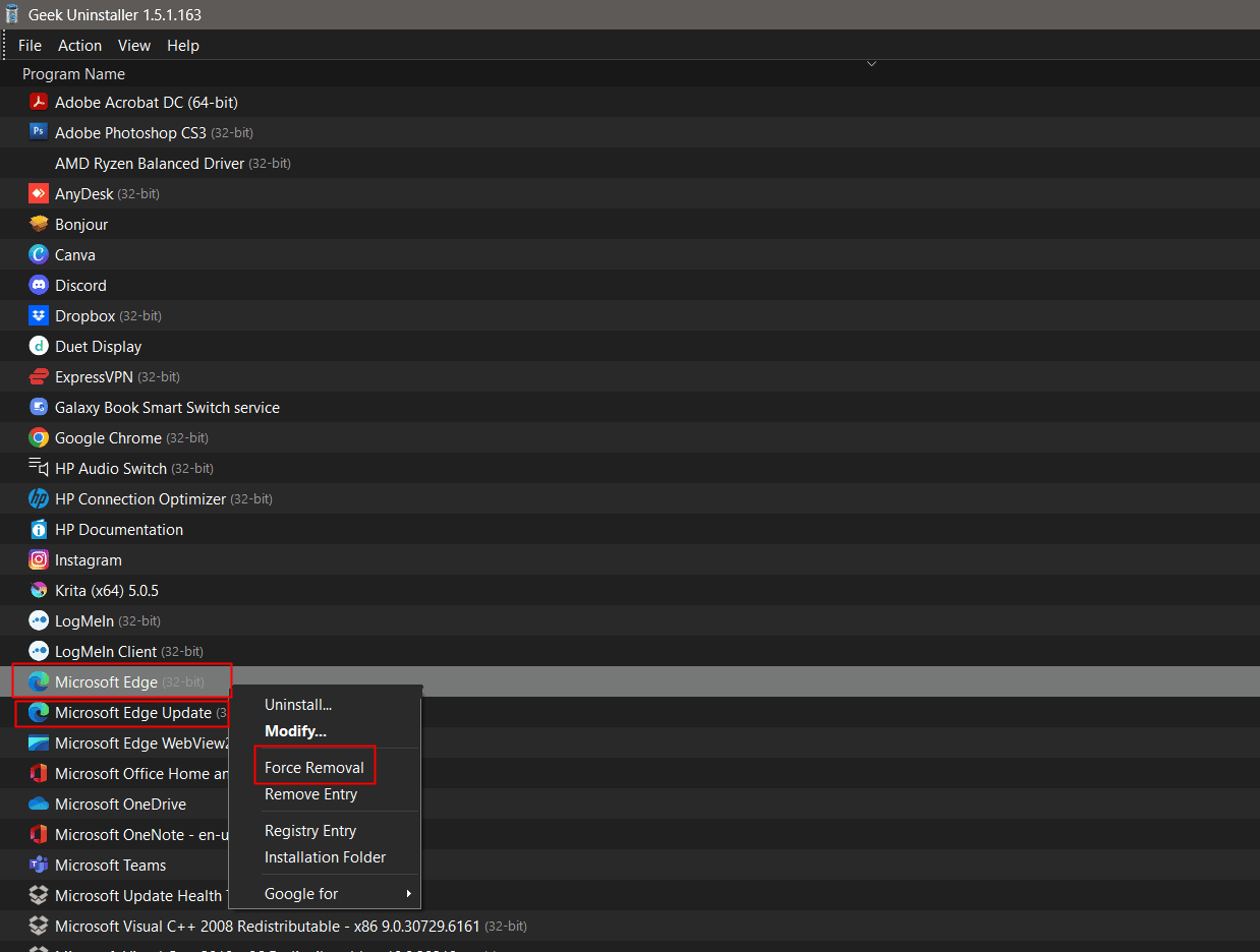 Rimozione di Microsoft edge force in Geek Uninstaller