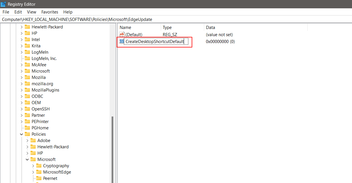 renommé en tant que CreateDesktopShortcutDefault. Corriger le raccourci Microsoft Edge continue d'apparaître sur le bureau