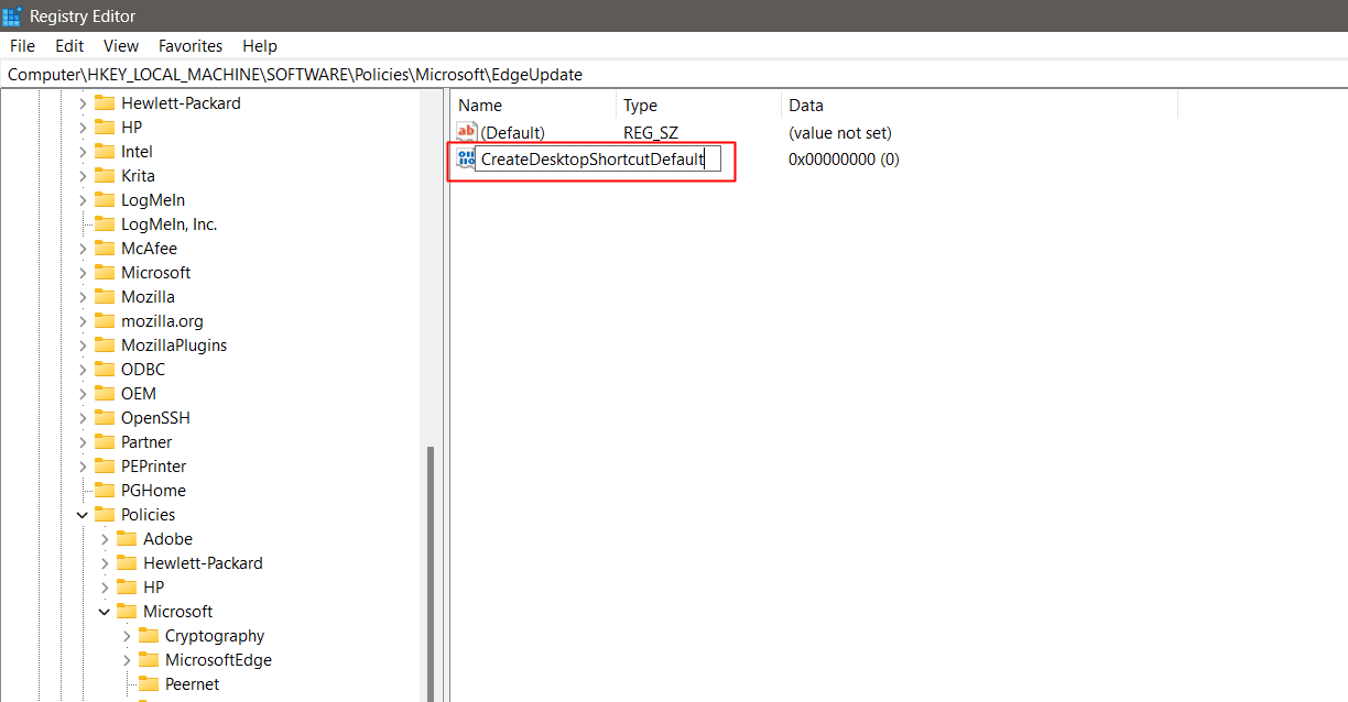 redenumit ca CreateDesktopShortcutDefault. Remediați comanda rapidă Microsoft Edge care continuă să apară pe desktop