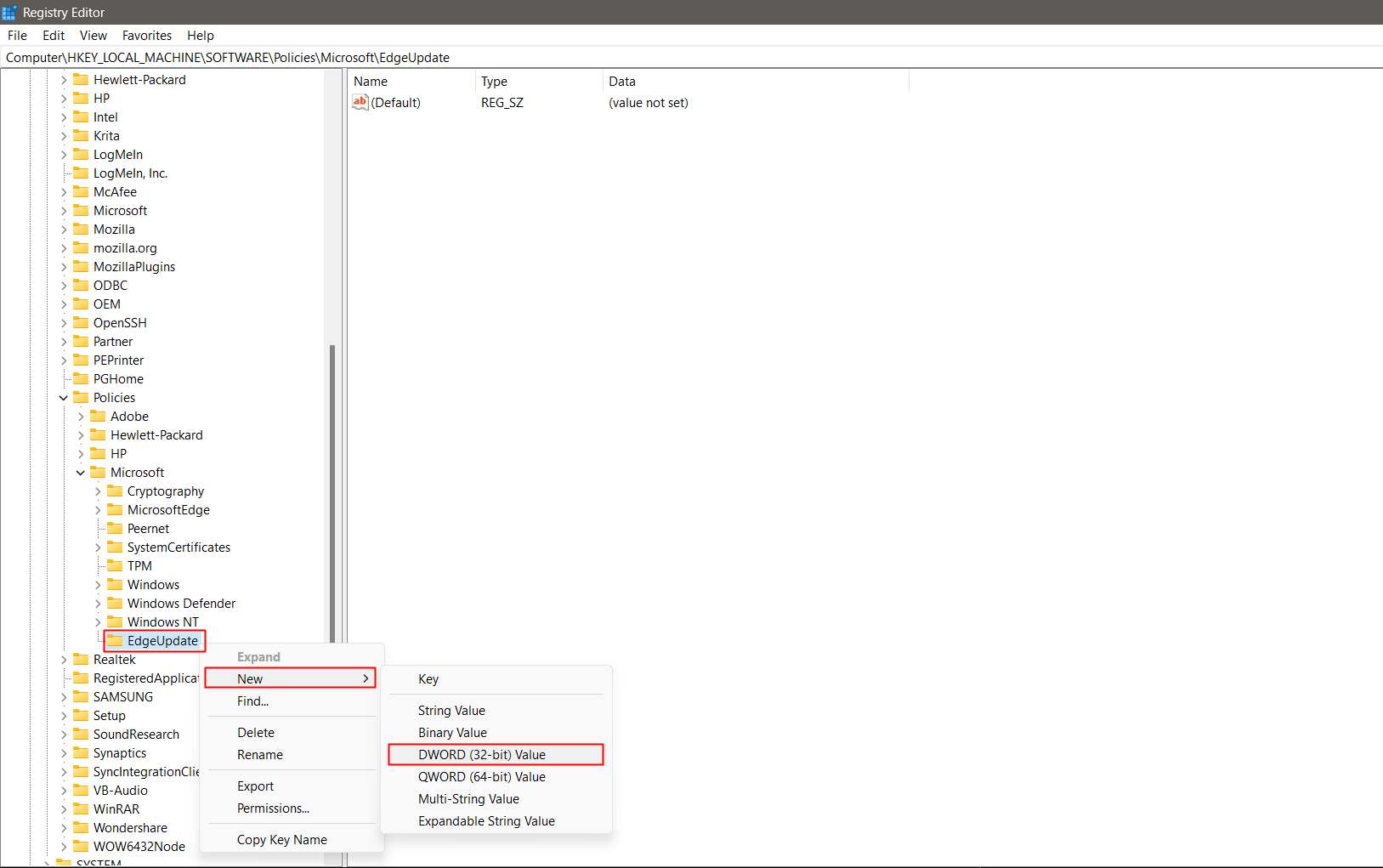 DWORD (32 bits) Valeur créée. Corriger le raccourci Microsoft Edge continue d'apparaître sur le bureau