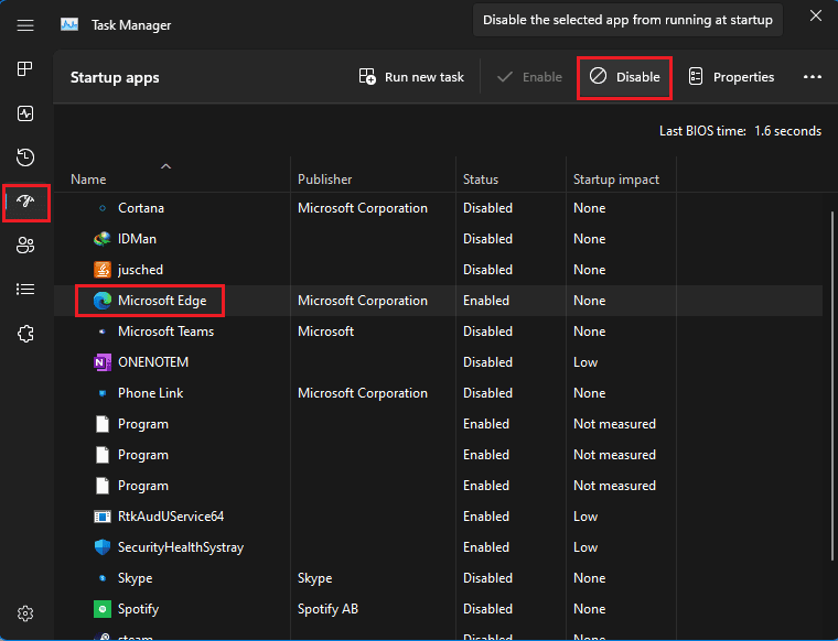 deshabilite Microsoft Edge en el Administrador de tareas de aplicaciones de inicio