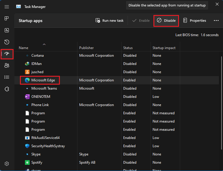 قم بتعطيل Microsoft Edge في إدارة مهام تطبيقات بدء التشغيل