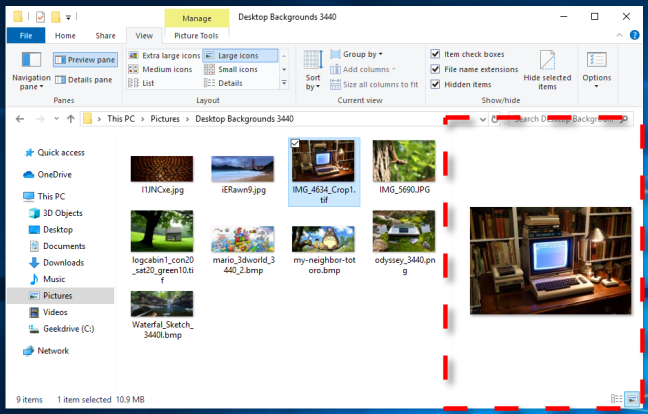 ตัวอย่างของบานหน้าต่างแสดงตัวอย่างใน Windows 10 File Explorer