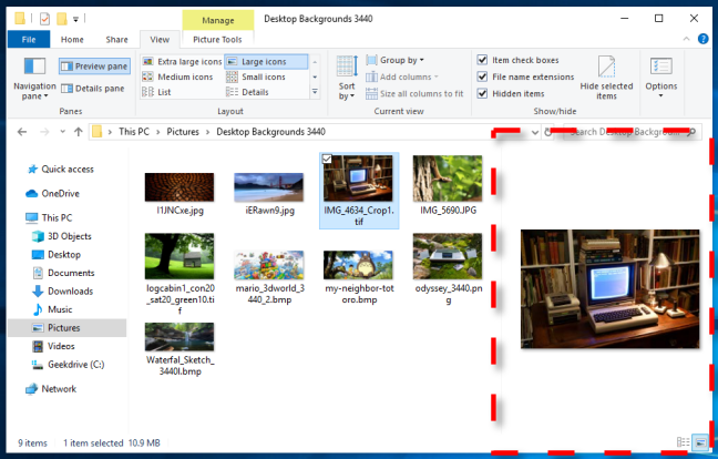 Windows 10 文件资源管理器中的预览窗格示例