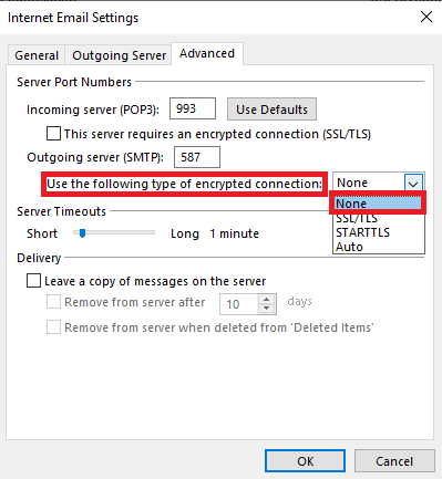 [次の種類の暗号化された接続を使用する] を見つけて、[SSL/TLS] を選択します。