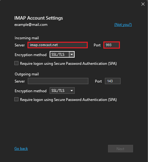 IMAP サーバー名とポート番号を変更する