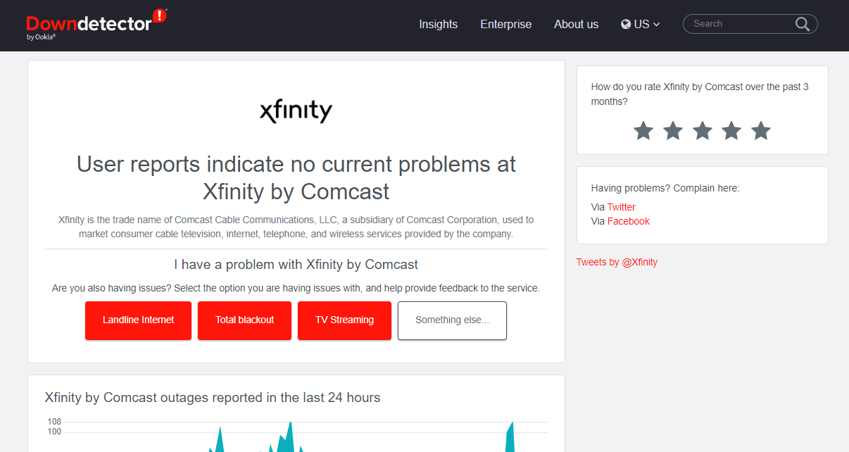 Xfinity サーバーのダウン検出ページ