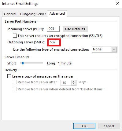 送信サーバーの SMTP 値を 587 または 465 として入力します。 Comcast メールが機能しない問題を修正する方法