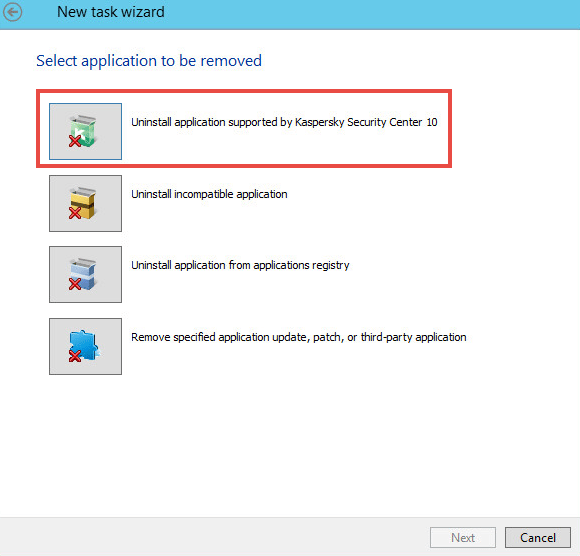 Haga clic en Desinstalar la aplicación compatible con Kaspersky Security Center 10