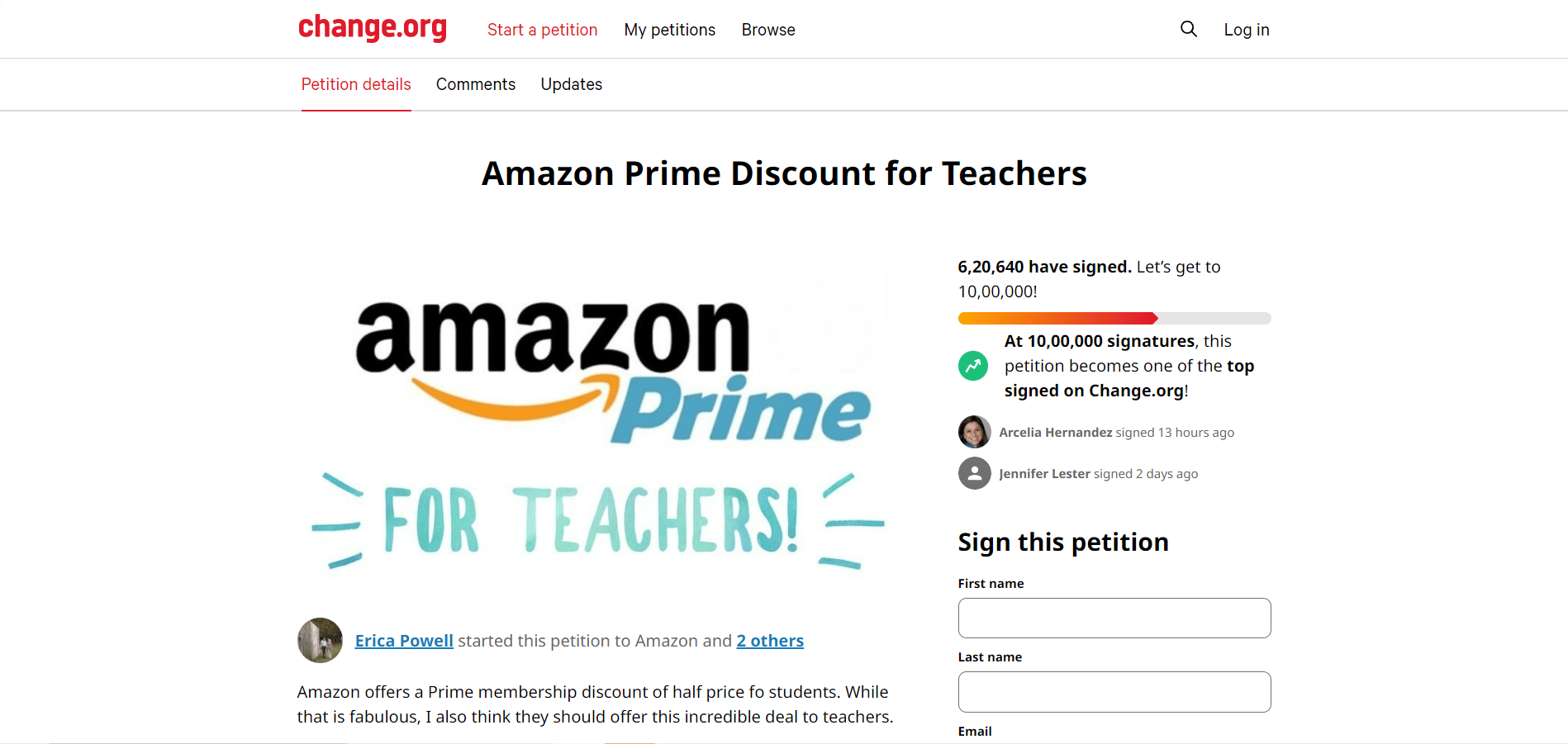petisi untuk diskon Amazon Prime untuk guru