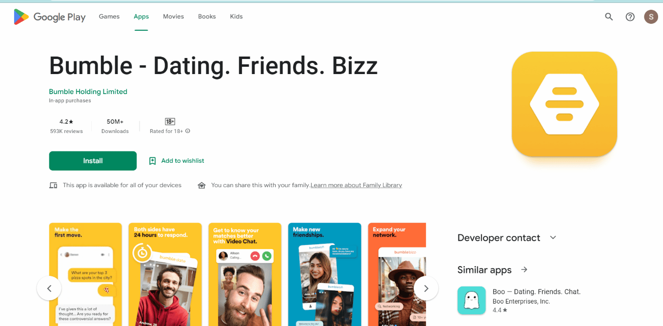 หน้าติดตั้งแอป Bumble