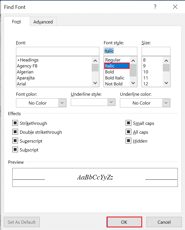 wybierz kursywę i kliknij OK