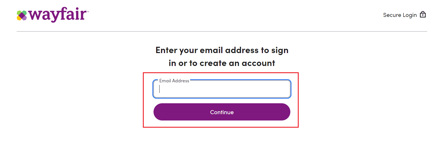 メールアドレスを入力し、[続行] をクリックします | Wayfair プロフェッショナルからレギュラーへの切り替え方法
