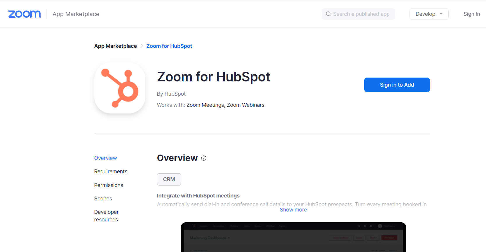 Zoom pour la page Web officielle de Hubspot