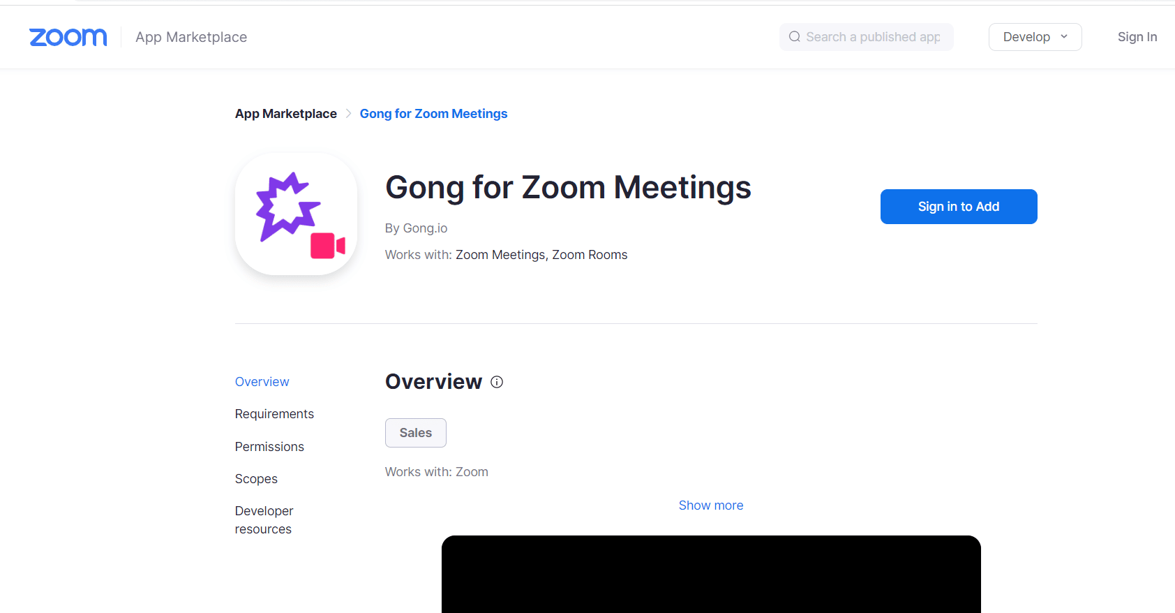 Gong pour la page Web officielle de Zoom Meetings