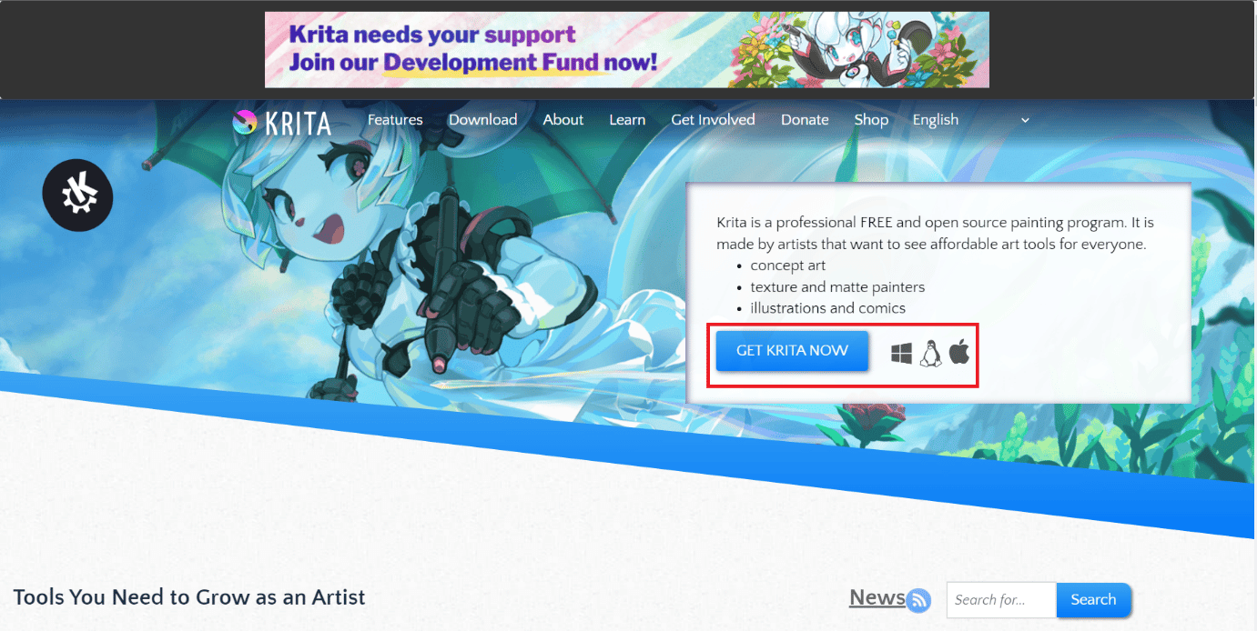 Abra o site oficial do Krita e clique em GET KRITA NOW. O Krita é bom para animação?