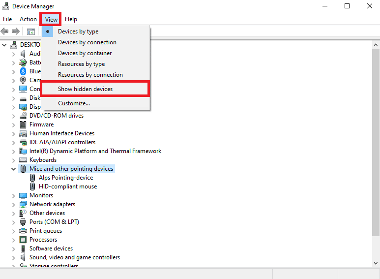 單擊顯示隱藏的設備。修復 Windows 自行滾動問題