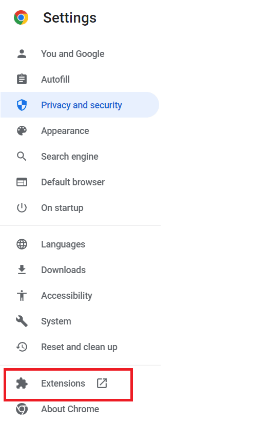 Appuyez sur les extensions affichées dans le menu Paramètres.