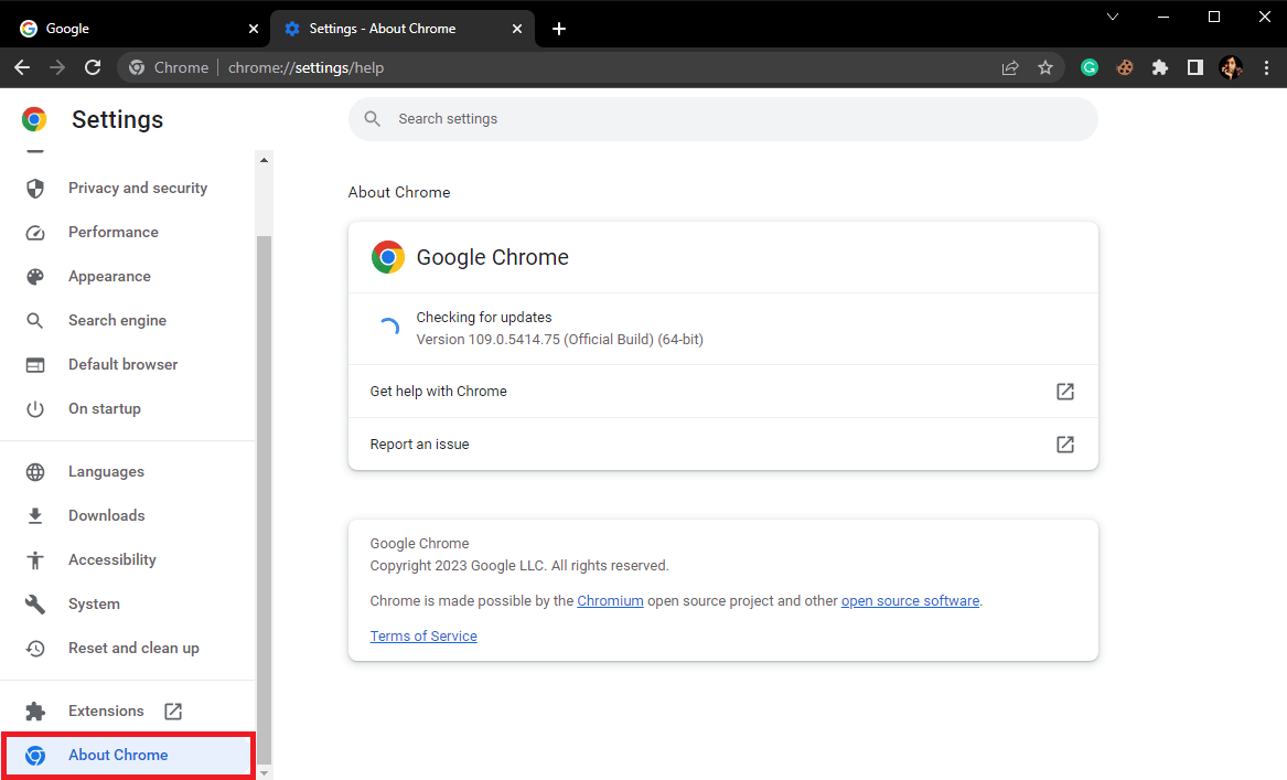 انقر فوق علامة التبويب حول Chrome. 13 طريقة لإصلاح عدم تحميل Twitter على Chrome