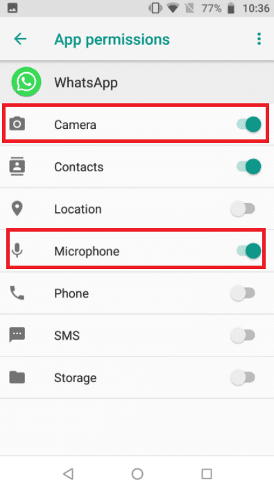Activez les bascules pour les options Caméra et Microphone