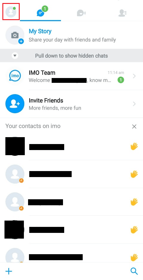 imoを開き、左上隅のプロフィールアイコンをタップします