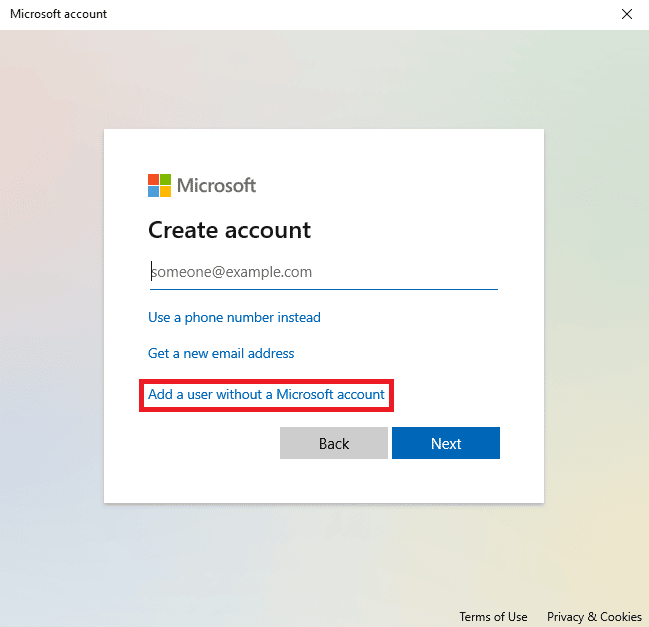 fare clic su Aggiungi un utente senza un account Microsoft. Come correggere l'utente specificato non dispone di un profilo valido