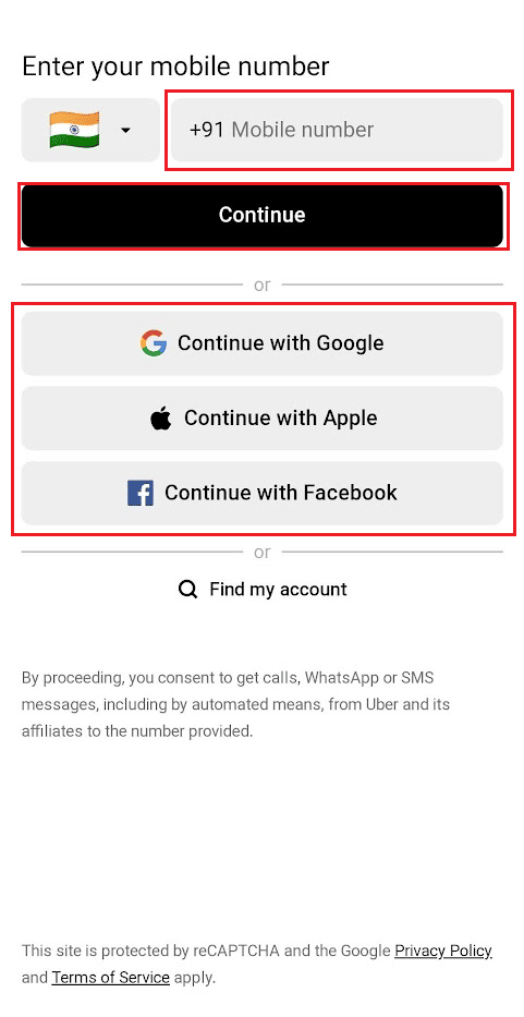 他の電話番号 - 続行 または Google、Apple、または Facebook で続行
