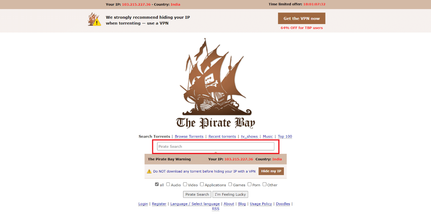 wyszukaj ThePirateBay i otwórz stronę internetową