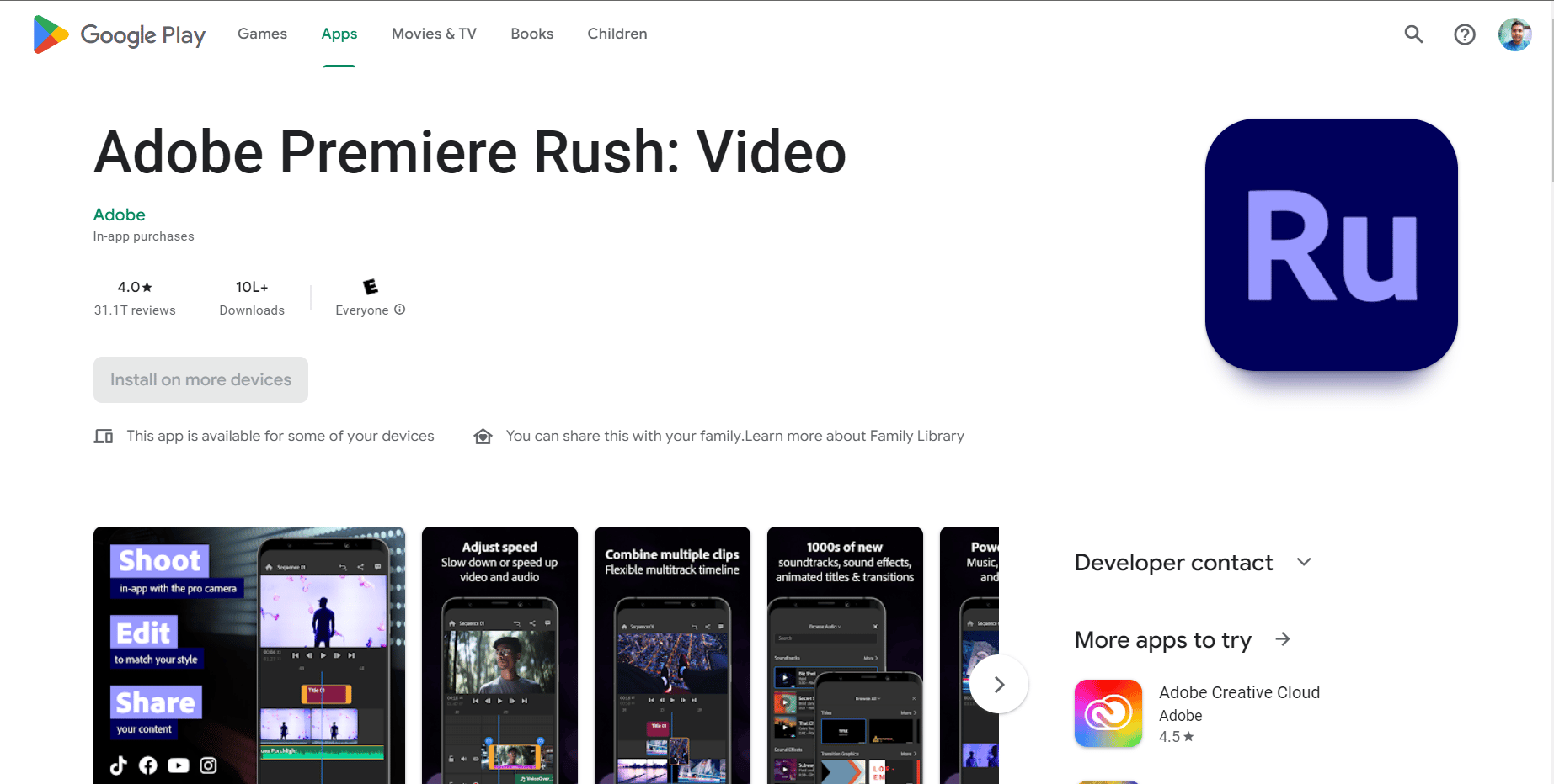 Strona instalacji programu Adobe Premiere Rush