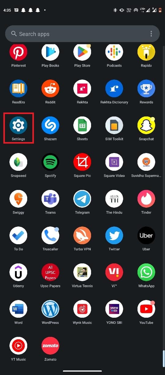 Otwórz Ustawienia z menu telefonu