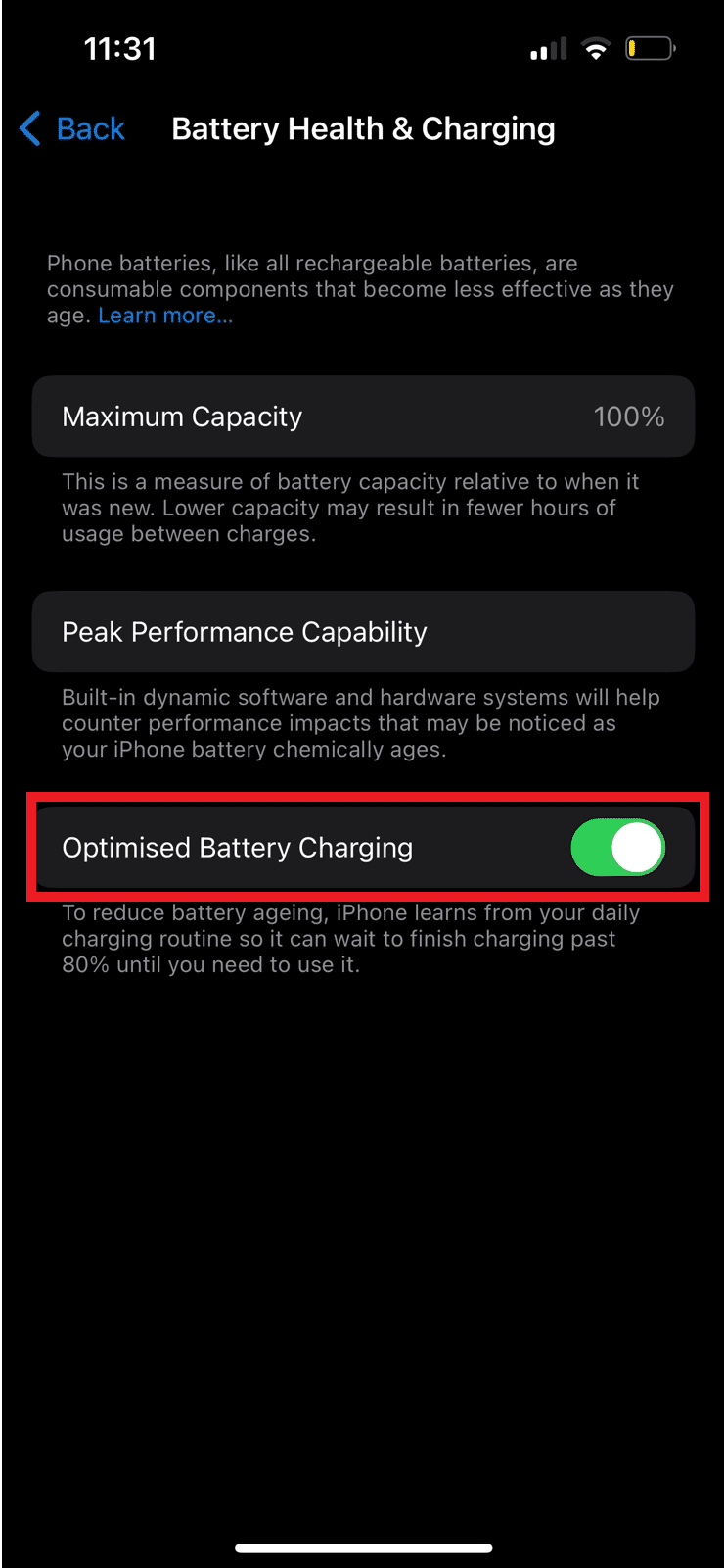Găsiți comutatorul de încărcare optimizată a bateriei și opriți-l. 12 moduri de a remedia aplicația Bumble care nu funcționează