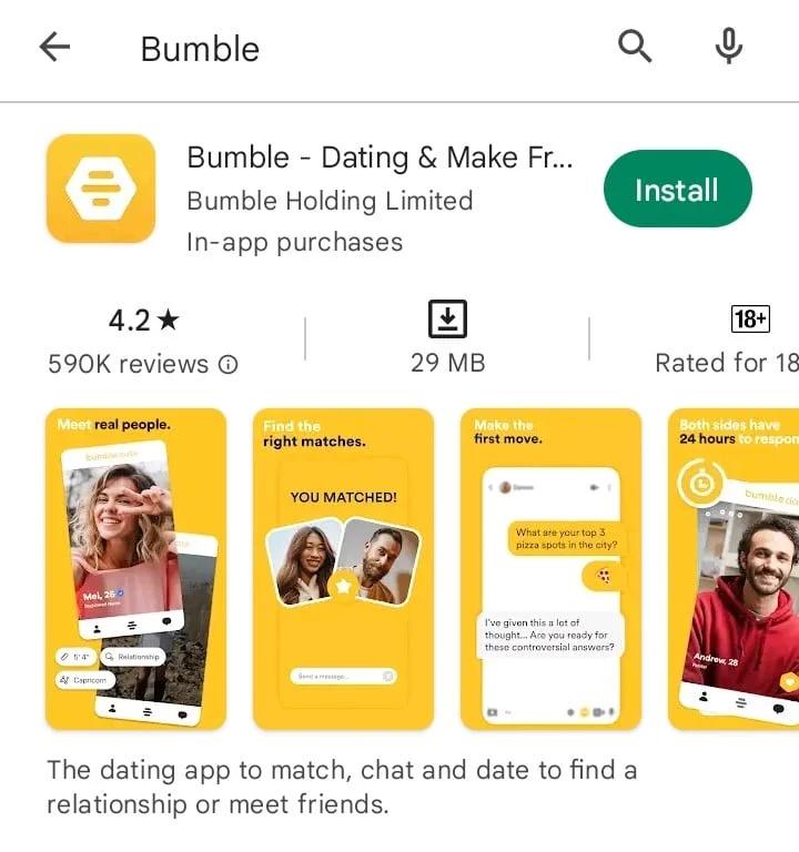 Aplicația Bumble pe Google Play Store. Fix Bumble continuă să se blocheze pe Android