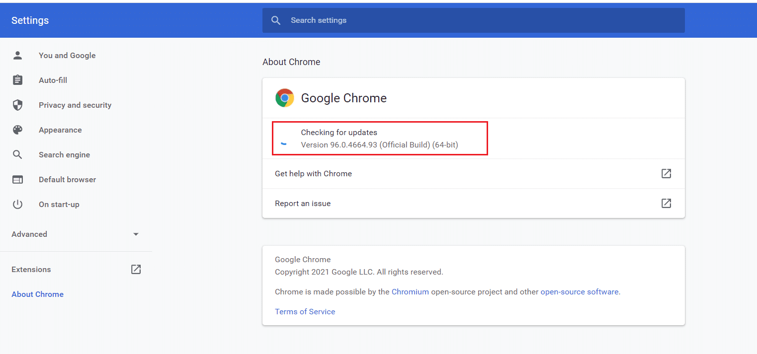 Chrome Memeriksa Pembaruan.