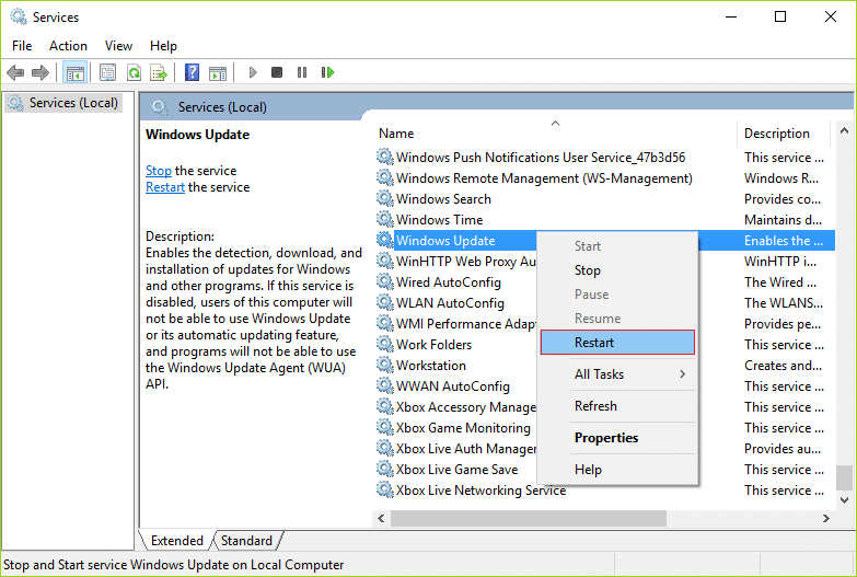 Faites un clic droit sur Windows Update Service et sélectionnez Redémarrer