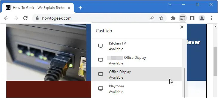 顯示本地網絡上可用投射​​目的地列表的 Google Chrome 圖片。