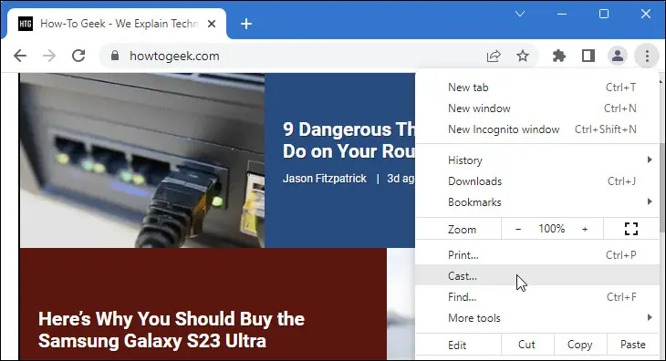 顯示主菜單中投射選項位置的 Google Chrome 圖片。