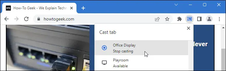 顯示主動投射的 Google Chrome 圖片以及如何關閉主動投射。