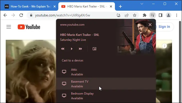 從 YouTube 等網站直接投射時顯示媒體控制選項的 Google Chrome 圖片。
