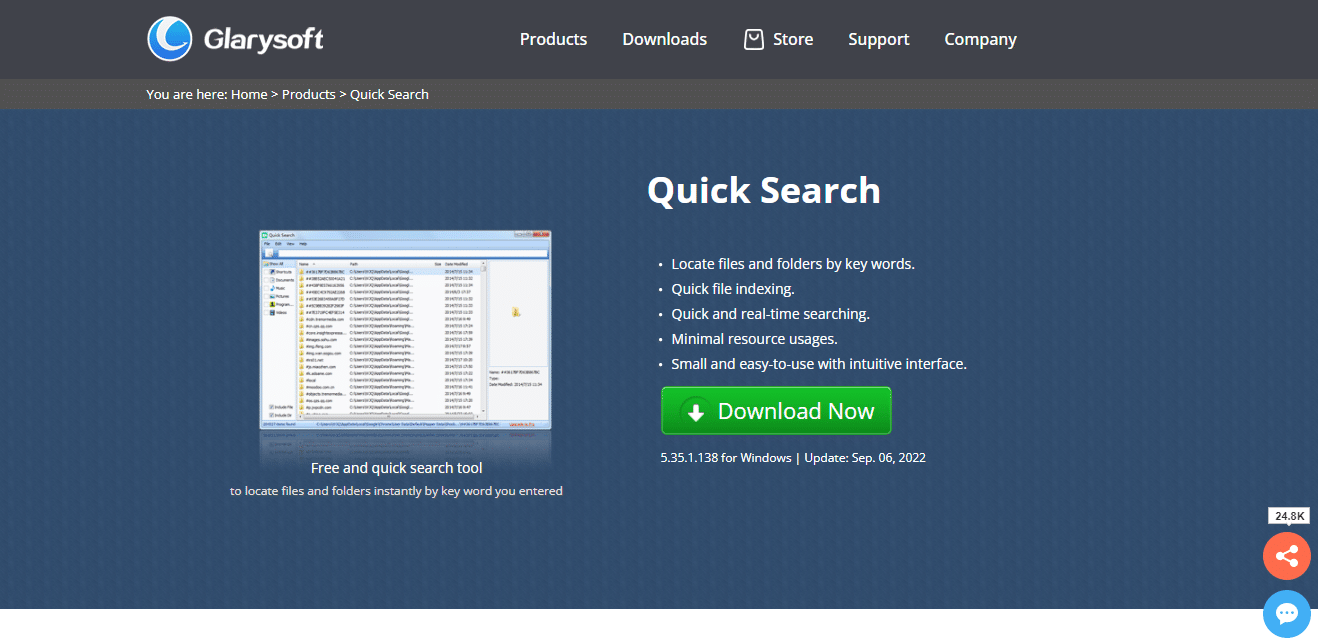 موقع ويب Glarysoft Quick Search. أفضل برنامج بحث لنظام التشغيل Windows 10